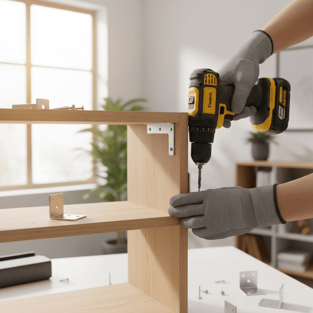 Technician using a drill on metal brackets for wooden shelving in soft window light