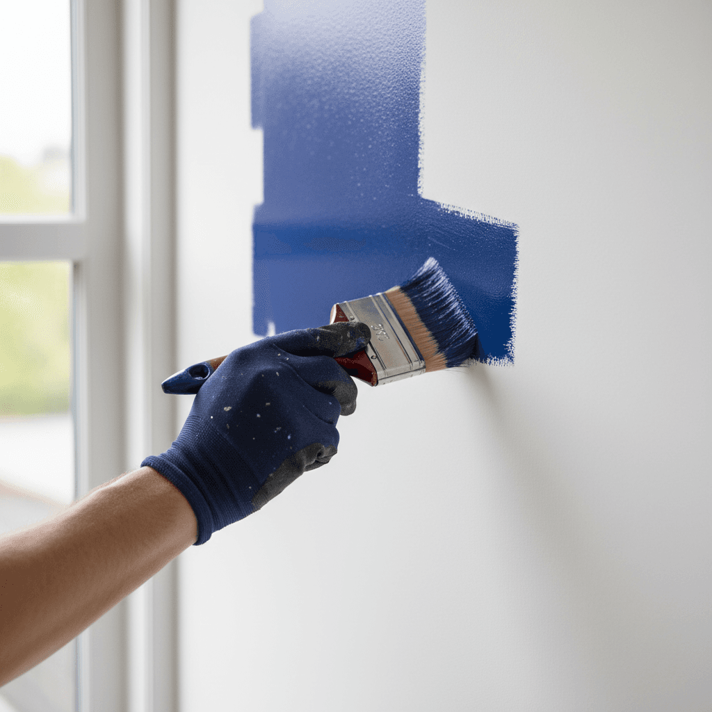 Professional painter's hands carefully applying rich paint to interior wall using quality brush with precise brushstroke technique