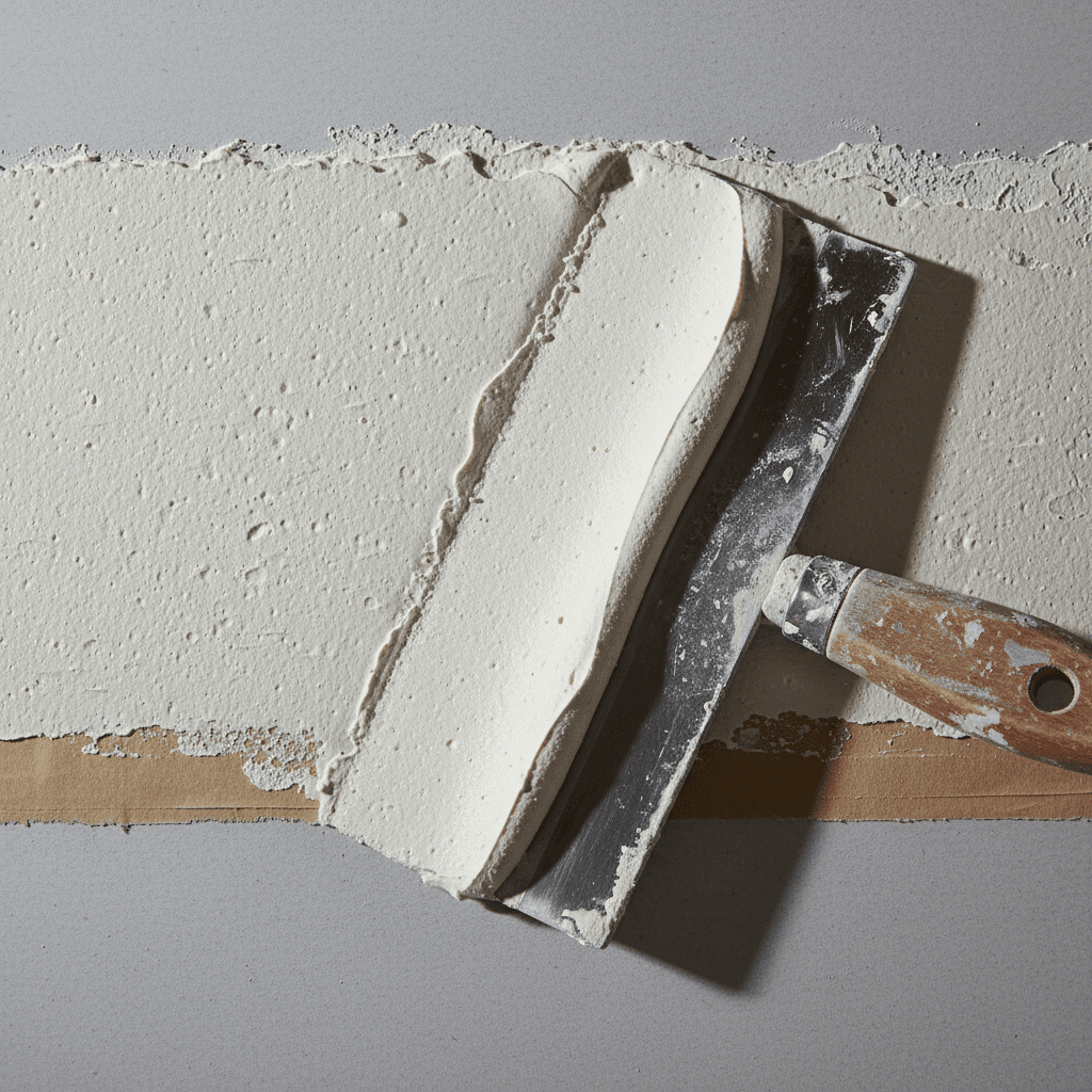 Close-up of drywall finishing work showing joint compound being smoothed over taped seams with precision putty knife